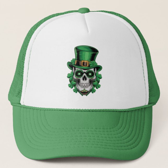 Sugar Skull St Patrick Day Lucky Shamrock  Trucker Hat (Front)
