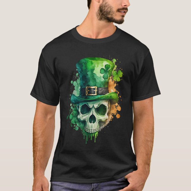 Sugar Skull St Patricks Day Irish Skull Leprechaun T-Shirt (Front)
