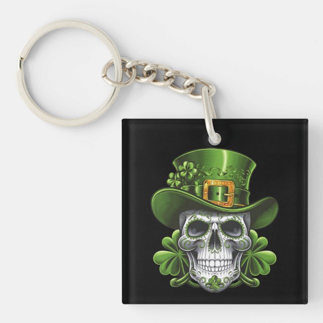 Sugar Skull St Patrick's Day Shamrock Key Ring (Front)