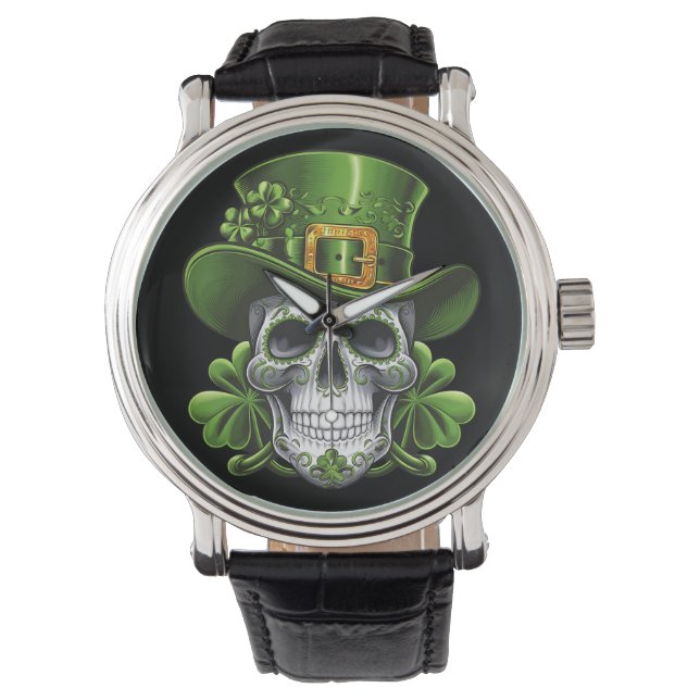 Sugar Skull St Patrick's Day Shamrock Watch (Front)