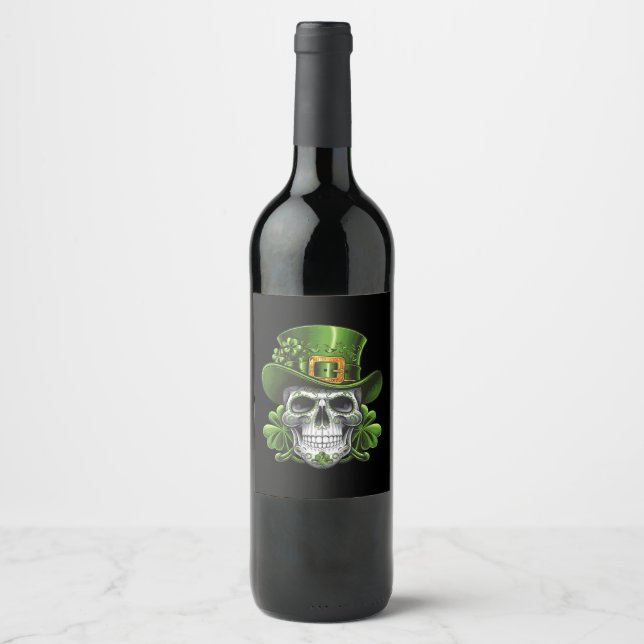 Sugar Skull St Patrick's Day Shamrock Wine Label (Front)