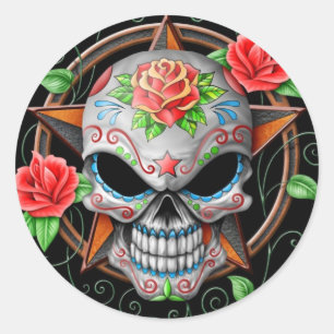 Sugar Skull Star, black Classic Round Sticker