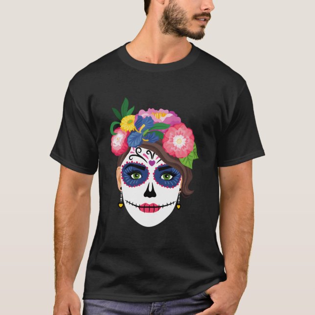Sugar Skull Tattoo Floral Dia De Los Muertos Day D T-Shirt (Front)