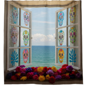 Sugar Skull Window View Shower Curtain