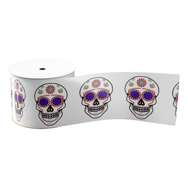 Sugar Skull With Blue Eyes and Green Fleur de Lis Grosgrain Ribbon (Spool)
