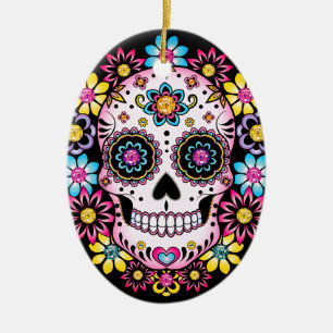 Sugar Skull with Colorful Flowers Ceramic Tree Decoration