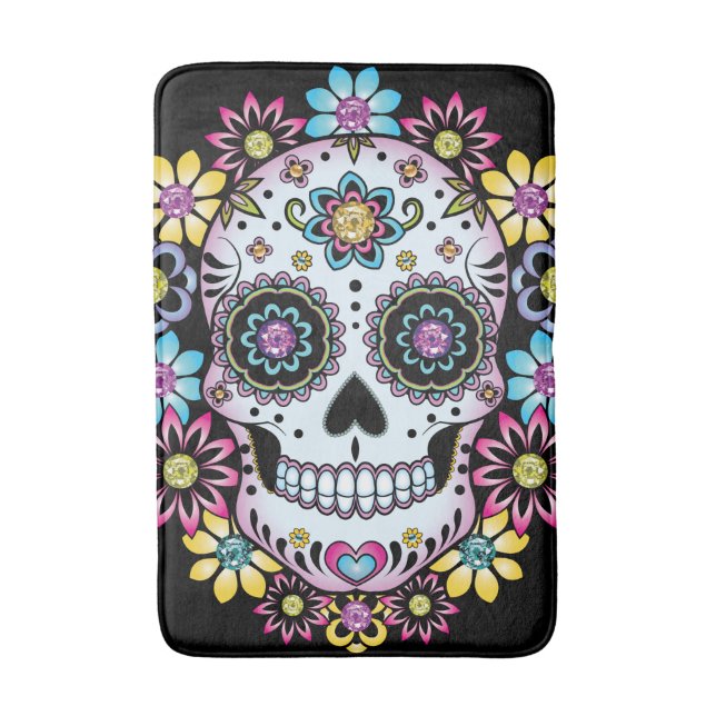 Sugar Skull with Colourful Flowers Bath Mat (Front Vertical)