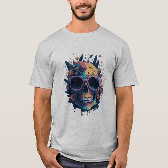 Sugar Skull With Glasses And Flowers  T-Shirt (Front)