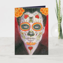 Sugar Skull with Marigolds and Hour Glass Holiday Card