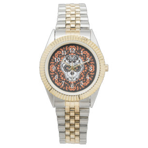 Sugar skull with orange accents watch