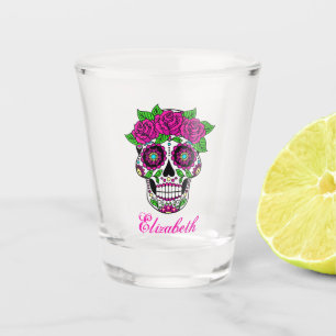 Sugar Skull with Pink Roses   Personalised Shot Glass