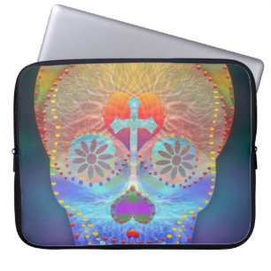 Sugar skull with rainbow coloured background laptop sleeve