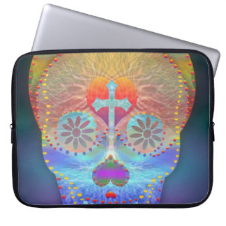 Sugar skull with rainbow coloured background laptop sleeve