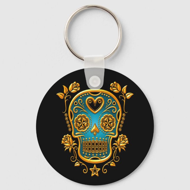 Sugar Skull with Roses, yellow and blue Key Ring (Front)