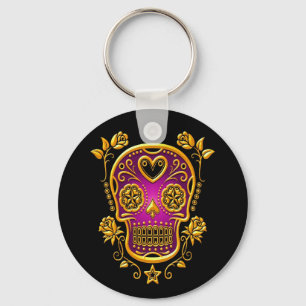 Sugar Skull with Roses, yellow and purple Key Ring