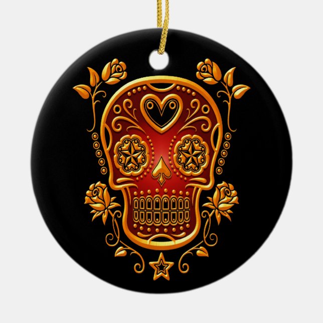 Sugar Skull with Roses, yellow and red Ceramic Tree Decoration (Front)