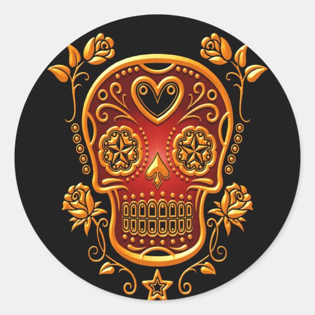 Sugar Skull with Roses, yellow and red Classic Round Sticker (Front)