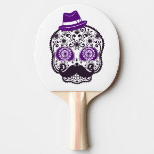 Sugar Skull With Small Purple Hat and Moustache Ping Pong Paddle