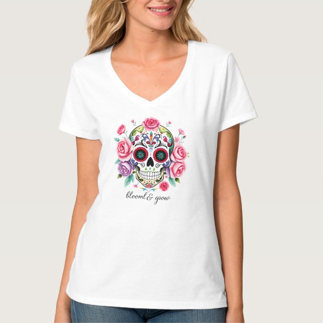 Sugar Skull With Watercolor Roses Art T-Shirt (Front)
