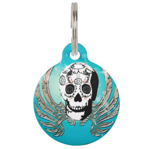 Sugar skull with wings made of metal pet tag