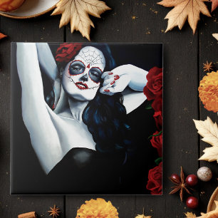 Sugar Skull Woman Gothic Black Red Roses Portrait Tile