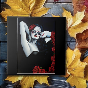 Sugar Skull Woman Gothic Black Red Roses Portrait Tile