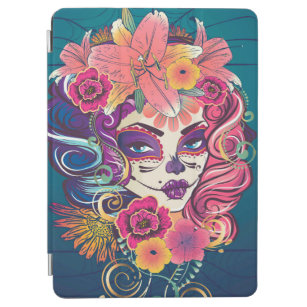 Sugar skull woman in flower crown portrait iPad air cover
