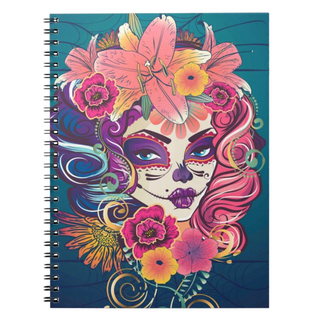 Sugar skull woman in flower crown portrait notebook (Front)