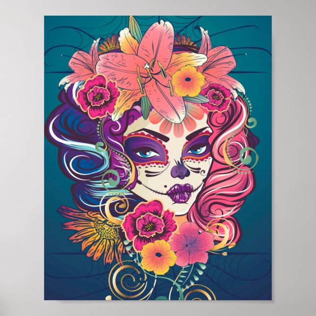 Sugar skull woman in flower crown portrait poster (Front)