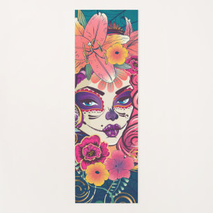 Sugar skull woman in flower crown portrait yoga mat