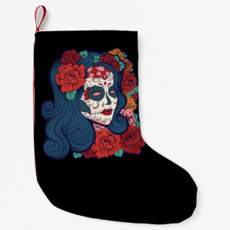 Sugar Skull Woman Red Roses In Hair Small Christmas Stocking