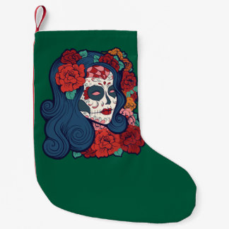Sugar Skull Woman Red Roses In Hair Small Christmas Stocking