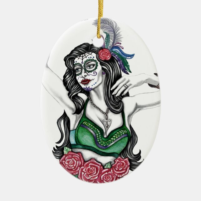 Sugar Skull Woman with Roses Ceramic Tree Decoration (Front)