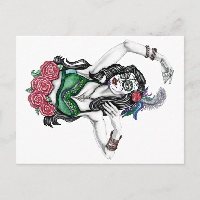 Sugar Skull Woman with Roses Postcard (Front)