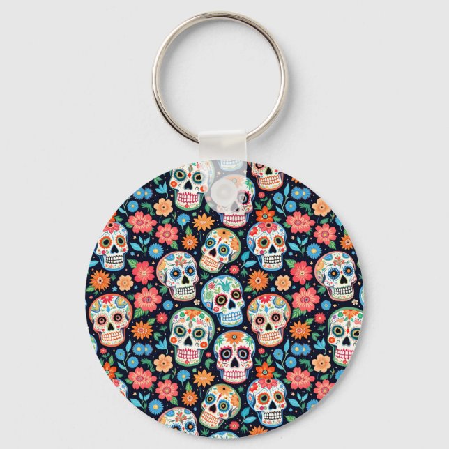 Sugar Skulls and Flowers Key Ring (Front)