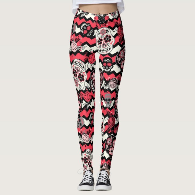 Sugar Skulls And Flowers Pattern Leggings (Front)