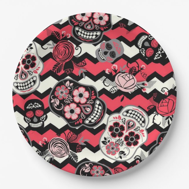 Sugar Skulls And Flowers Pattern Paper Plate (Front)