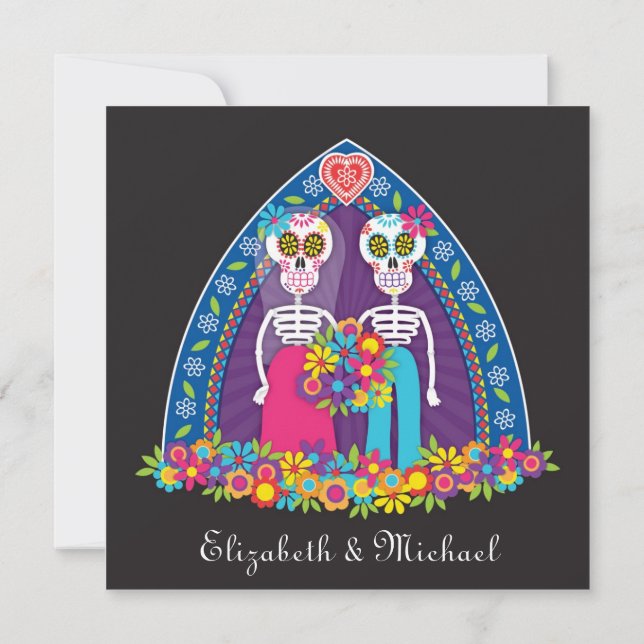 Sugar Skulls and Flowers Wedding Invitation (Back)