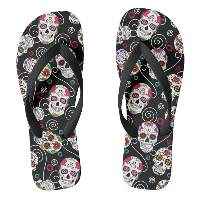 Sugar Skulls and Swirls Black ID725 Jandals (Footbed)