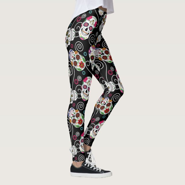 Sugar Skulls and Swirls Black ID725 Leggings (Right)