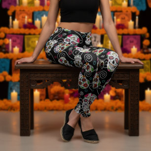 Sugar Skulls and Swirls Black ID725 Leggings