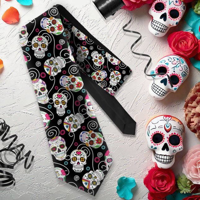 Sugar Skulls and Swirls Black ID725 Tie (Creator Uploaded)