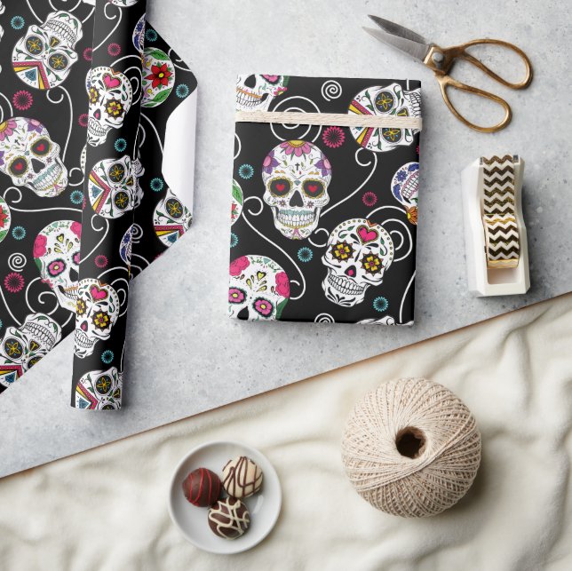 Sugar Skulls and Swirls Black ID725 Wrapping Paper (Crafts)