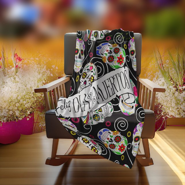 Sugar Skulls and Swirls Rose Black ID725 Fleece Blanket (Creator Uploaded)