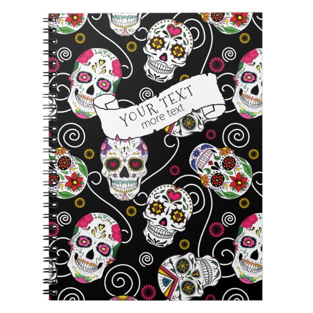Sugar Skulls and Swirls Rose Black ID725 Notebook (Front)