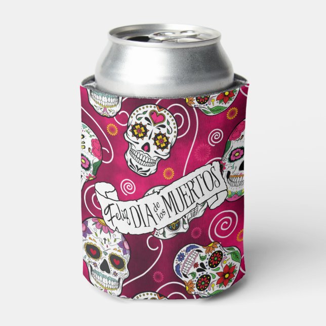 Sugar Skulls and Swirls Rose Red ID725 Can Cooler (Can Front)