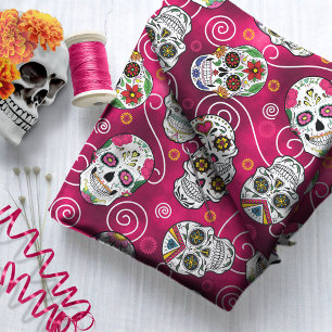 Sugar Skulls and Swirls Rose Red ID725 Fabric