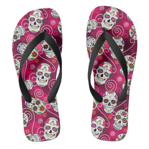Sugar Skulls and Swirls Rose Red ID725 Jandals