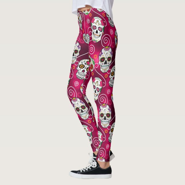 Sugar Skulls and Swirls Rose Red ID725 Leggings (Left)