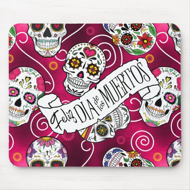 Sugar Skulls and Swirls Rose Red ID725 Mouse Pad (Front)